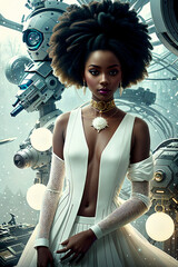 Beautiful sexy dark-skinned woman in a white dress with a large headdress with feathers and a necklace around her neck, fashion show, exotic fashion, afrofuturism. Generative AI