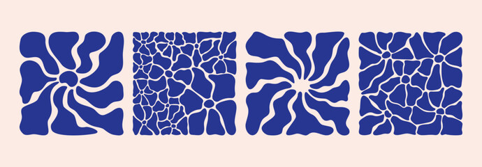 Botanical poster set in blue. Abstract flower print template, contemporary organic doodle shapes, Matisse curves. Vector art