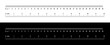 Ruler 30 cm, 12 inch. Set of ruler 30 cm 12 inch. Measuring tool. Ruler scale. Grid cm, inch. Size indicator units. Metric Centimeter, inch size indicators. White and black.