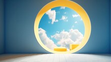 Blue Background With Yellow Circle And Clouds Inside, Futuristic, Empty Scene. AI Generated