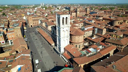 Sticker - Landmarks of Italy - beautiful medieval town Ferrara in Emilia Romagna. aerial drone overflight of historic center with view of castle and duomo