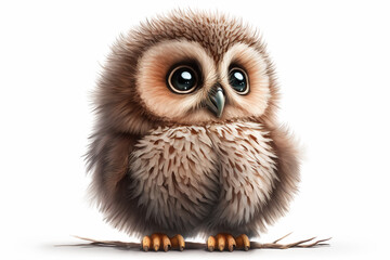 Baby owl isolated on white standing on a twig Generative AI