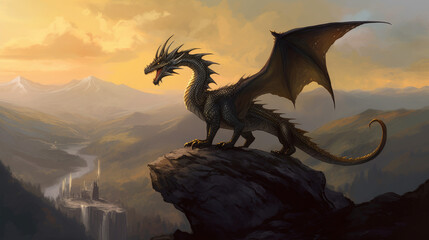 Wall Mural - dragon in the night, mystical dragon perched on a rocky terrain with valley behind him, generative ai