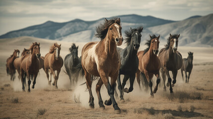 Wall Mural - Group of majestatic and graceful horses, generative ai