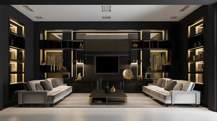 Perspective of the Living room interior with luxurious black and gold tones, ultra wide shot, overview, symmetrical, Display cabinet, Sofa