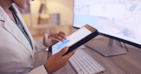Aufkleber - Chart, business and tablet with hands of woman in office for website, branding and growth data analysis. Review, night and corporate with employee at computer for planning, proposal and commitment