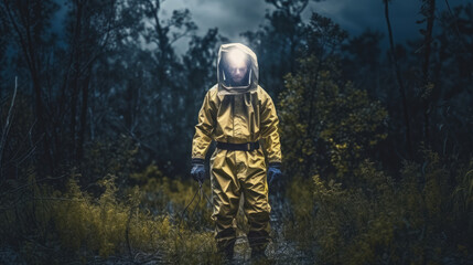 Deep in the forest, an explorer in a storm suit, generative ai