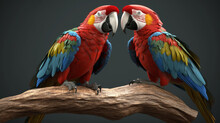Blue And Yellow Macaw, Macaw Couple, Two Parrots On A Branch, Generative Ai