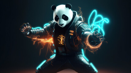 Cyberpunk panda wearing metal armor in fighting pose and neon lights, generative ai