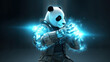 © TheGoldTiger - Cyberpunk panda wearing metal armor in fighting pose and neon lights, generative ai