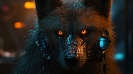 Poster - scary cyberpunk wolf detailed portrait, generative ai