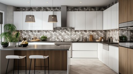 A chic and modern kitchen with sleek white cabinetry and statement lighting, accented with a bold patterned backsplash. Generative AI