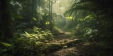 Mysterious impenetrable jungle overgrown with exotic plants. Background. A beautiful path through the impenetrable jungle. Tropical paradise. Generative AI