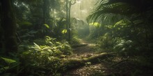 Mysterious Impenetrable Jungle Overgrown With Exotic Plants. Background. A Beautiful Path Through The Impenetrable Jungle. Tropical Paradise. Generative AI