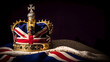 A British royal crown on the background of the flag of the United Kingdom of Great Britain and Northern Ireland, generative AI.