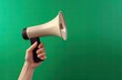 © Deivison - Illustration of hand holding megaphone, marketing and sales concept, green background. Generative AI