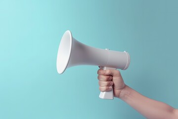 Illustration of hand holding megaphone, marketing and sales concept, blue background. Generative AI