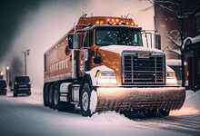 A Truck Equipped With A Snowplow Is Clearing Parking Lots Of Snow. Generative AI