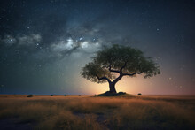 Landscape Of A Lone Tree Against The Backdrop Of A Starry Sky. AI