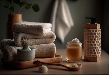 Eco-friendly waffle linen towels and zero waste bathroom accessories on a solid oak stand in a modern bathroom. Promotes daily body care and wellness. Generative AI