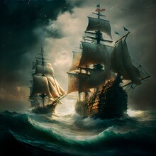 Two Pirate Ships Firing Their Cannons At Each Other In A Brutal Battle In The Stormy Ocean With High Waves And Dark Cloudy Skies Old 1800s Painting Appearance With Reduced Detail And Heavy Paint 