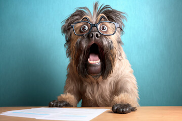 shocked cute briard dog in glasses with surprised eyes, created with generative ai technology