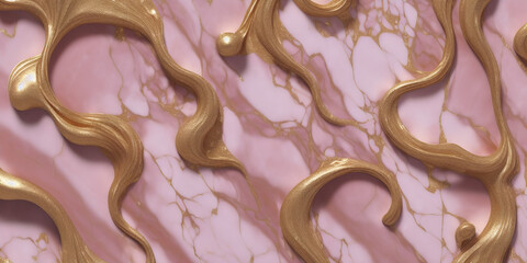 Sticker - Generative AI illustration textures of abstract background of volumetric waves of liquid marble. Golden bas-relief swirls on golden pink marble. Contemporary liquid art. Background, wallpaper.