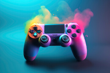 game controller, joystick, gamepad with colorful powder explosion on blue background .Video games. Illustration. Generative AI