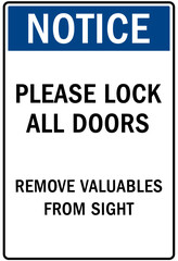 Wall Mural - Door safety sign and labels please lock all doors, remove valuables from sight