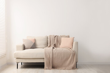 Poster - cozy sofa with pillows and blanket in living room. interior design