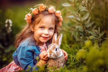 Happy child with cute Easter bunny rabbit, outside, Spring season. Generative AI