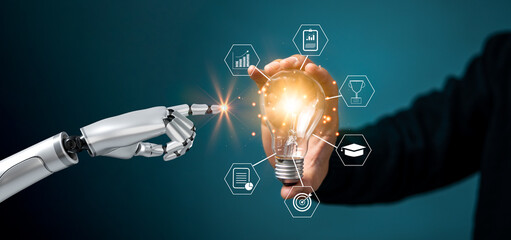 Wall Mural - futuristic hand robot pointing lightbulb, representing concepts of artificial intelligence, AI, robotics, machine learning and education innovation.digital technology analysis.