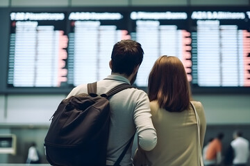 couple tourist looking at flight schedules for checking take off time. Generative AI