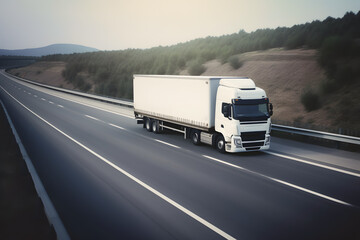 Poster - White big rig long haul semi truck at high speed on freeway. Generative AI