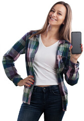 Wall Mural - Happy young woman showing at blank screen mobile phone