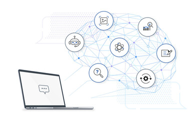 Poster - artificial intelligence ai chat technology concept. side view laptop computer with digital brain bac