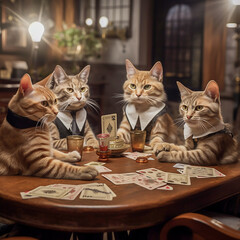Wall Mural - cute cats wearing suits drinking beer and playing cards around table