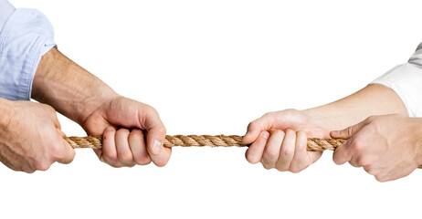 Human hands holding rope from both side isolated on white