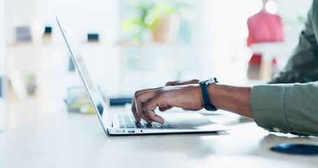 Aufkleber - Black man is typing on laptop, hands and writing content for blog at digital agency, startup and productivity in office. Copywriting, keyboard and internet with workflow and male copywriter working