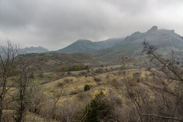 Wall Mural - Landscape of Karadag Reserve in spring. View of mountains, rocks and ridge. Crimea