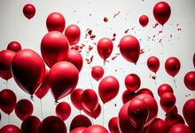 Background Of Flying Red Balloons Isolated On White Background. Generative AI