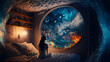 © lucky pics - woman sitting on her bed at night and looking into the portal to dream world on the wall, neural network generated art. Digitally generated image. Not based on any actual person, scene or pattern.