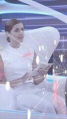 Poster - animation of network of connections and data processing over woman in self drive car