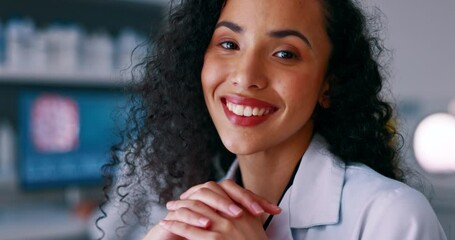 Poster - Scientist, woman and face in laboratory with smile in medical research, innovation or science study and pathology. Portrait of happy female doctor in scientific experiment or healthcare professional