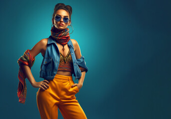 Wall Mural - fashion woman colorful, the bold eclectic fashion styles of the Y2K era. dressed in the latest fashion trends of the time, including chunky shoes, low-rise pants, crop tops, and oversized sunglasses