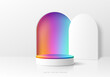3D lgbtq background with realistic white cylinder podium. Pride flag rainbow gradient color in arch gate wall scene. Minimal mockup empty product display. Abstract vector 3D rendering. Stage showcase.