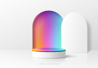 3d lgbtq background with realistic white cylinder podium. pride flag rainbow gradient color in arch 