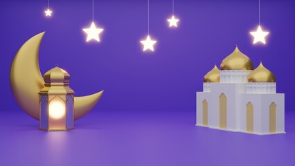 Poster - Ramadan kareem with mosque and lantern, Purple color abstract background, 3D rendering