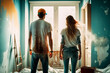 Rear view of a young couple in work clothes and jeans in an apartment in need of renovation with smeared walls, made with generative ai
