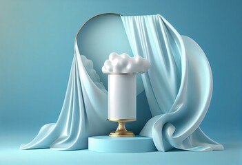3D display podium, pastel blue background. Pedestal and flying silk cloth curtain. Wind and cloud. Nature Beauty, cosmetic product presentation stand. Luxury winter mockup. 3d render. Generative AI